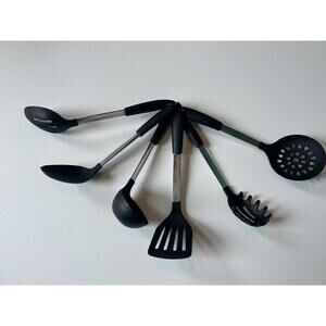 6 piece set of black silicone kitchen utensils with stainless steel handles